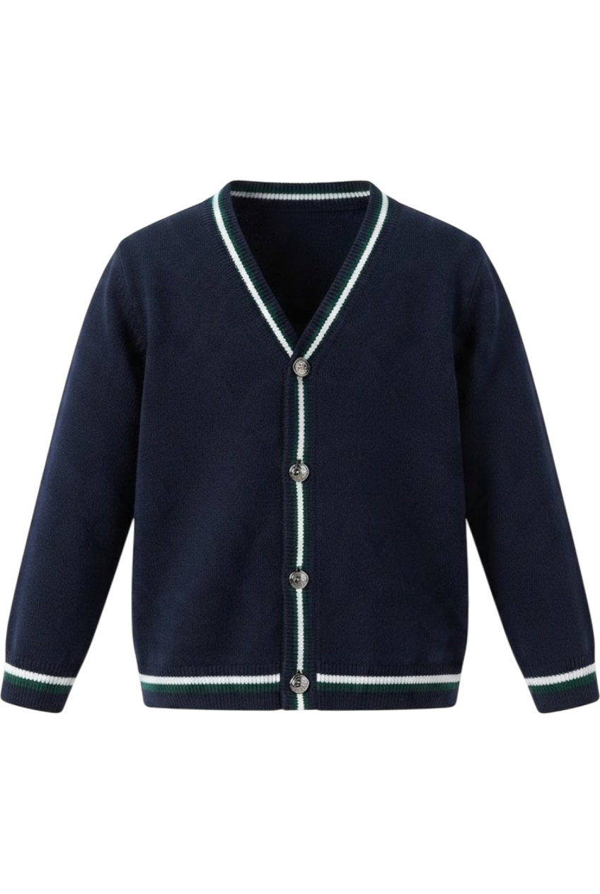 Dark blue cardigan with green and white stripes - product view