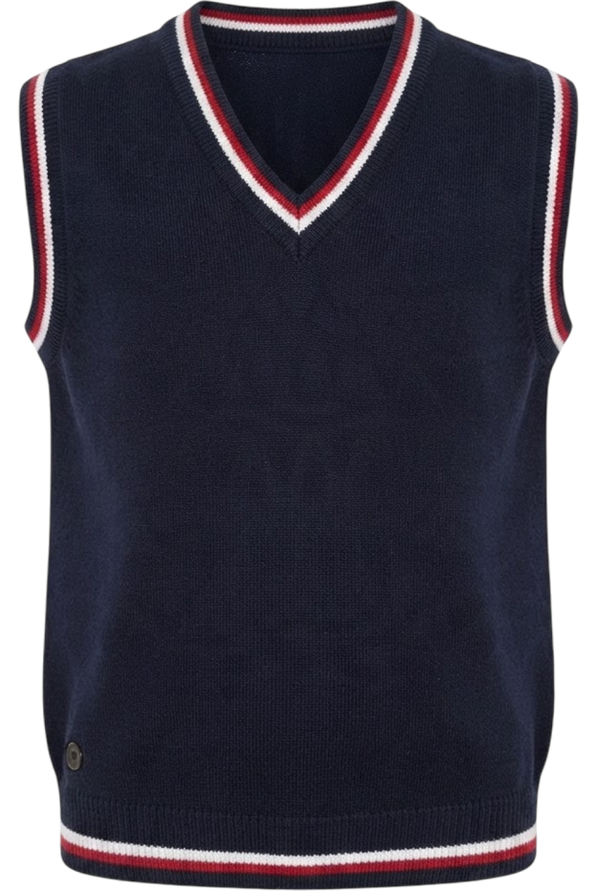 Dark blue vest with red and white stripes - product view