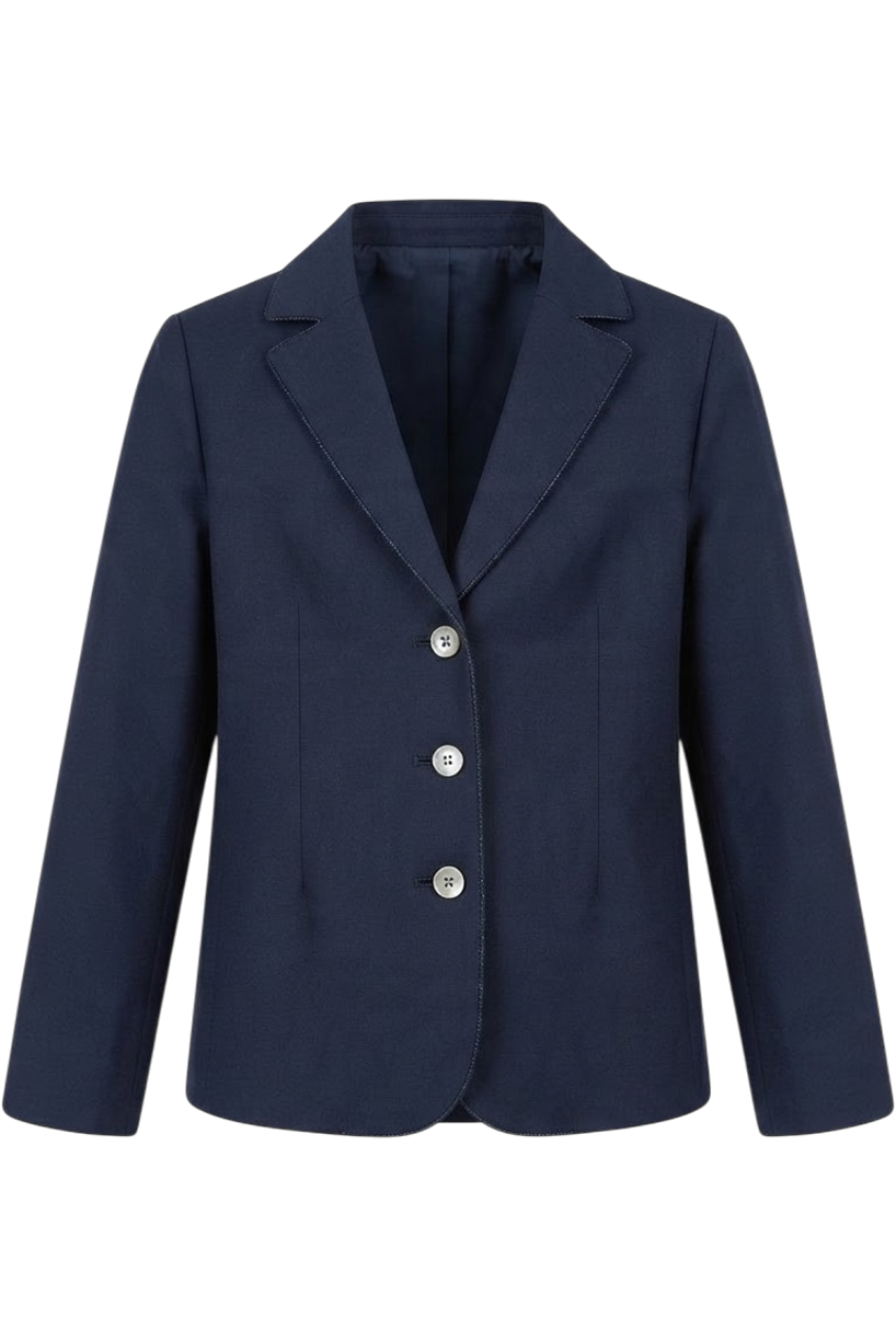 Blue poly-viscose suit blazer with blue lurex piping and branded mother of pearl buttons - product view