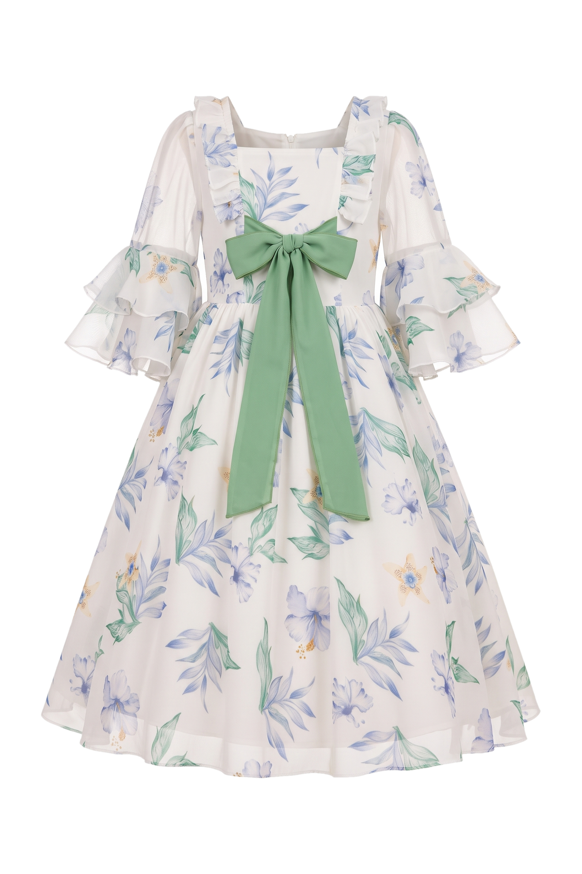 Chiffon floral dress with green bow - product view