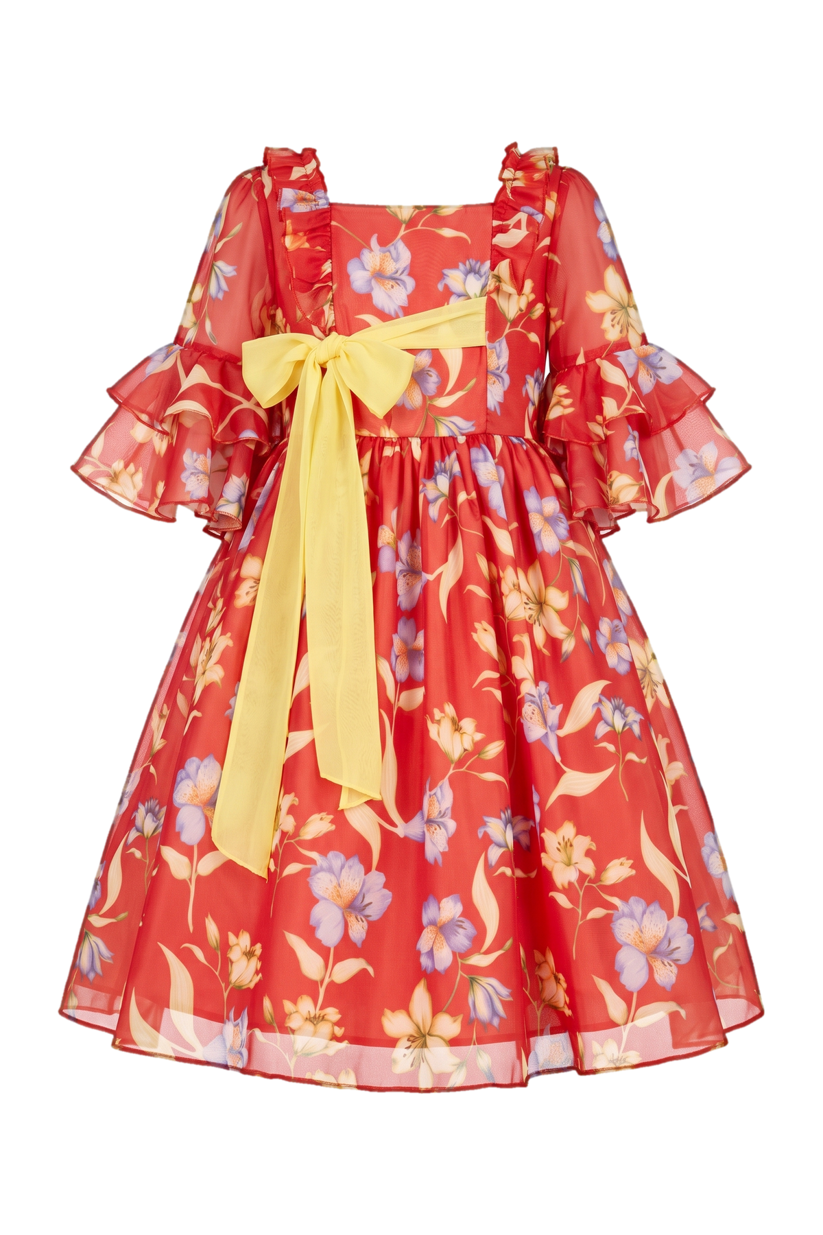 Chiffon floral red dress with yellow bow - product view