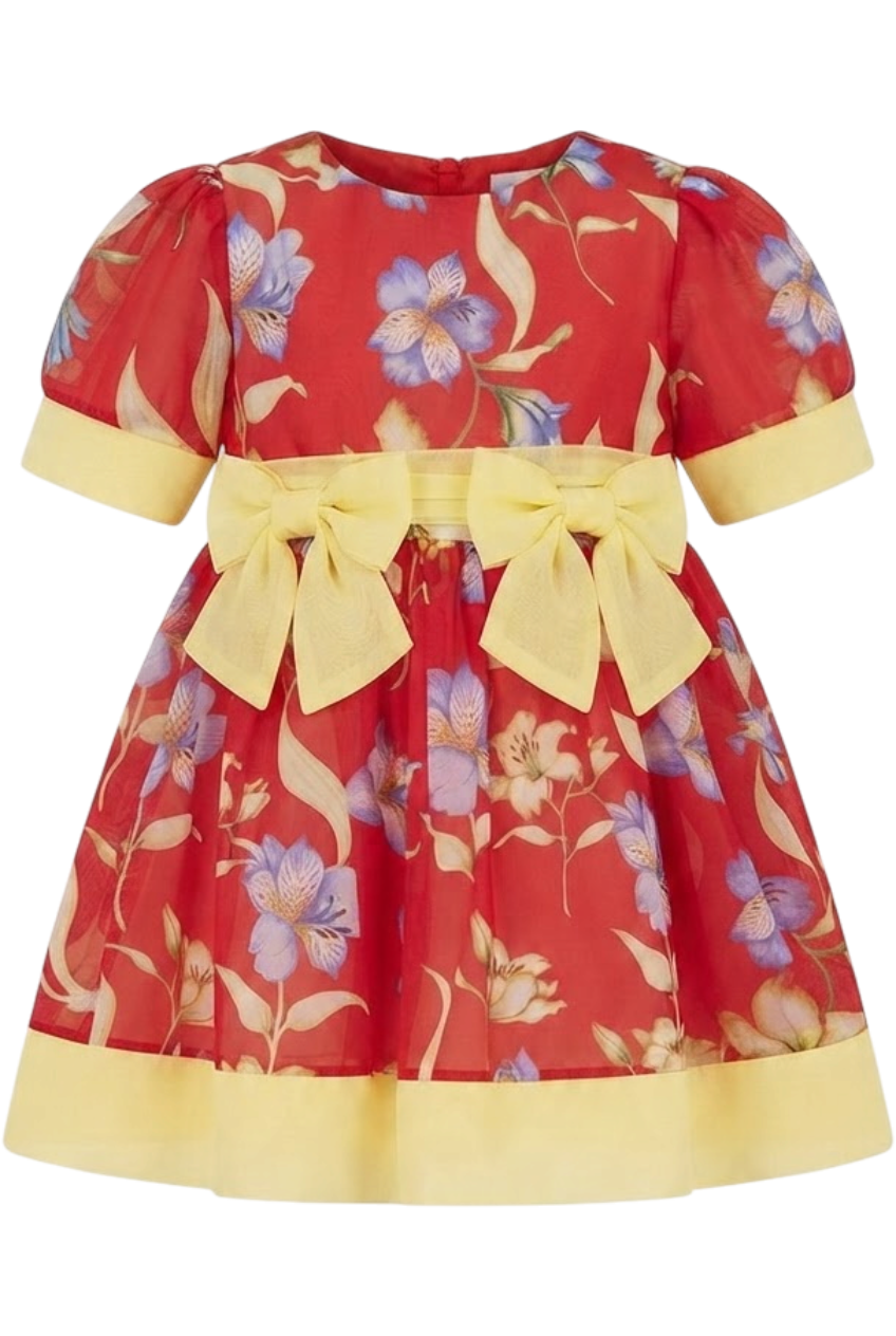 Chiffon floral red baby dress with two yellow bow - product view