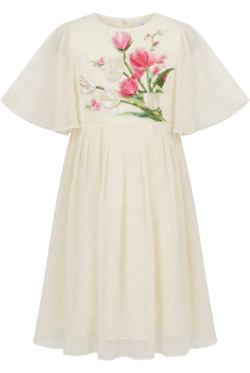Ivory chiffon dress with hand-made tulip embroidery - product view