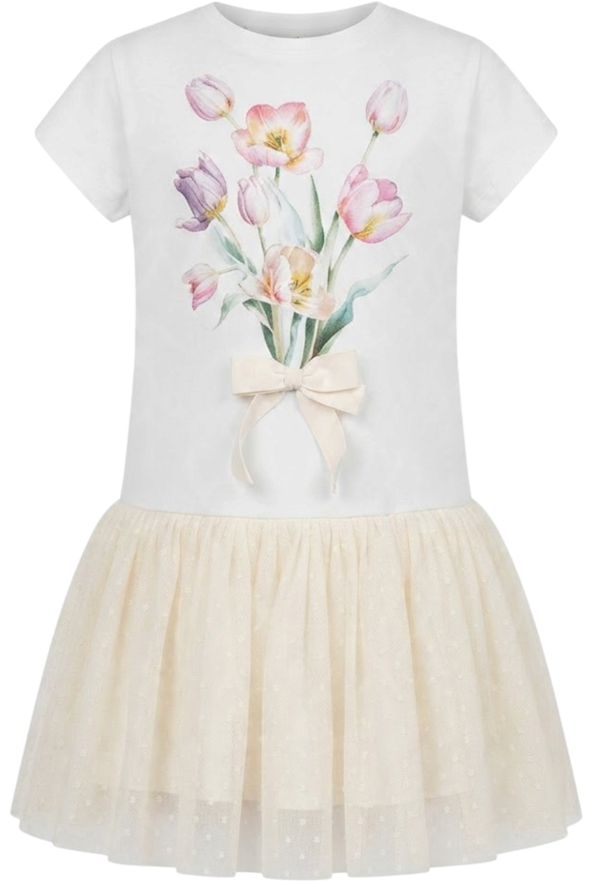 White jersey tunic dress and tulip print and cotton tulle skirt - product view