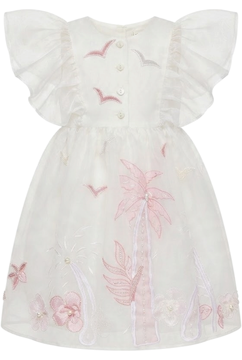 White organza dress with frilled sleeves, hand appliqué of embellished pink and white palms, flowers and birds - product view