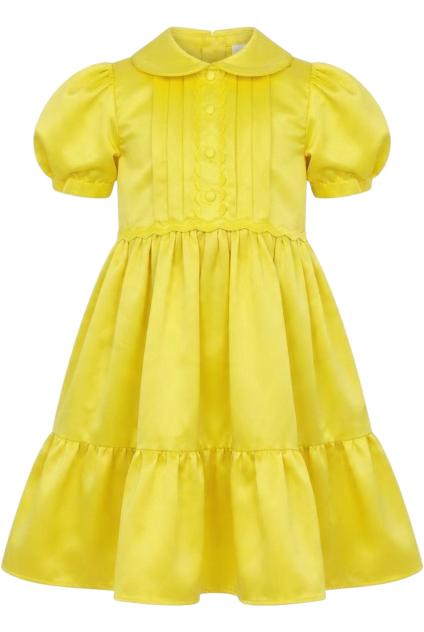 Bright yellow satin dress with pretty front detail, collar and puffed sleeves - product view