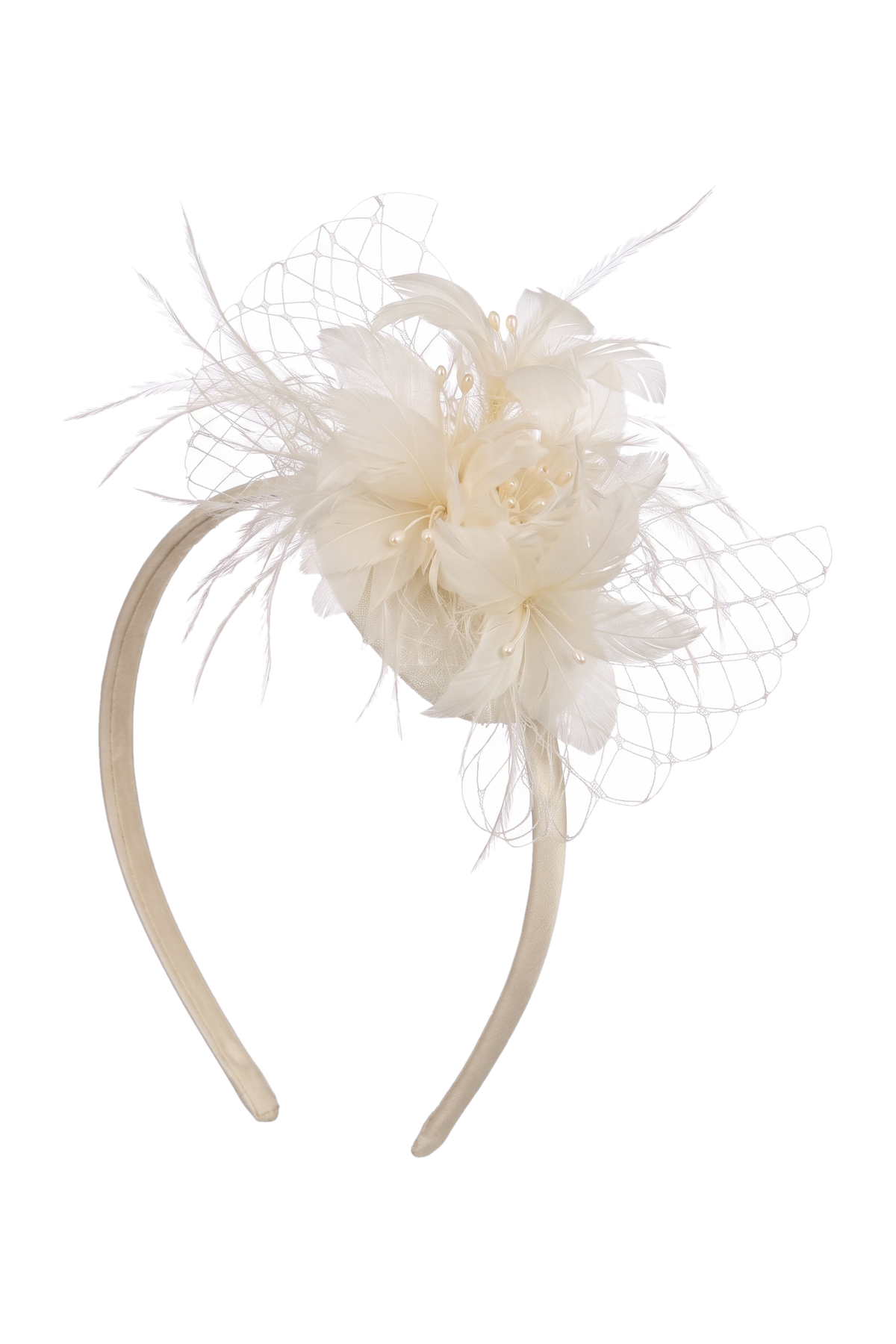 Ivory feathers and veil headband - product view