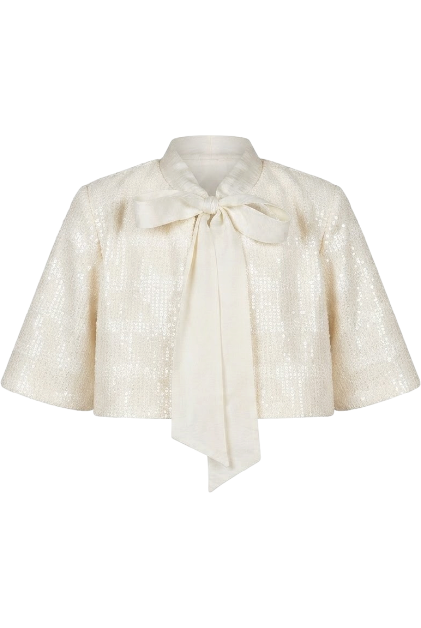 Ivory sequin cape with pussy bow - product view