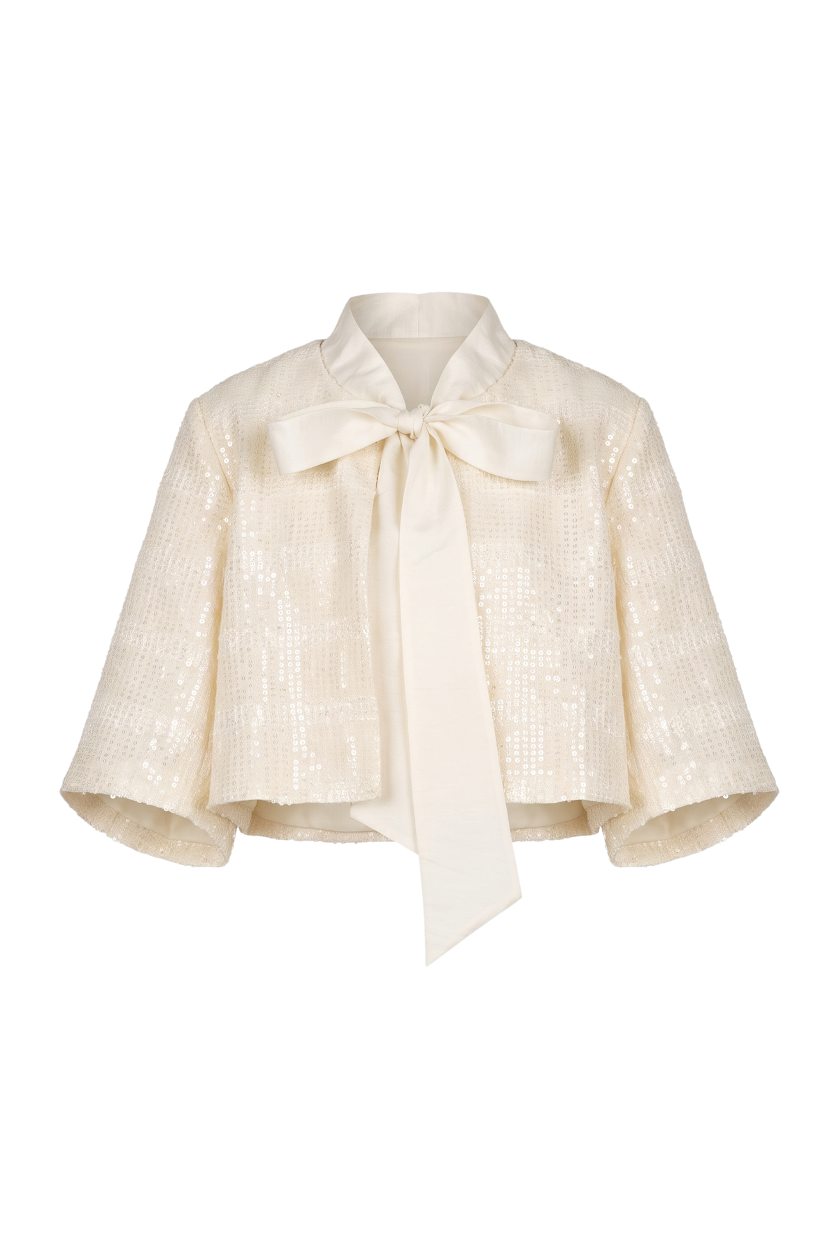 Ivory sequin cape with pussy bow - product view