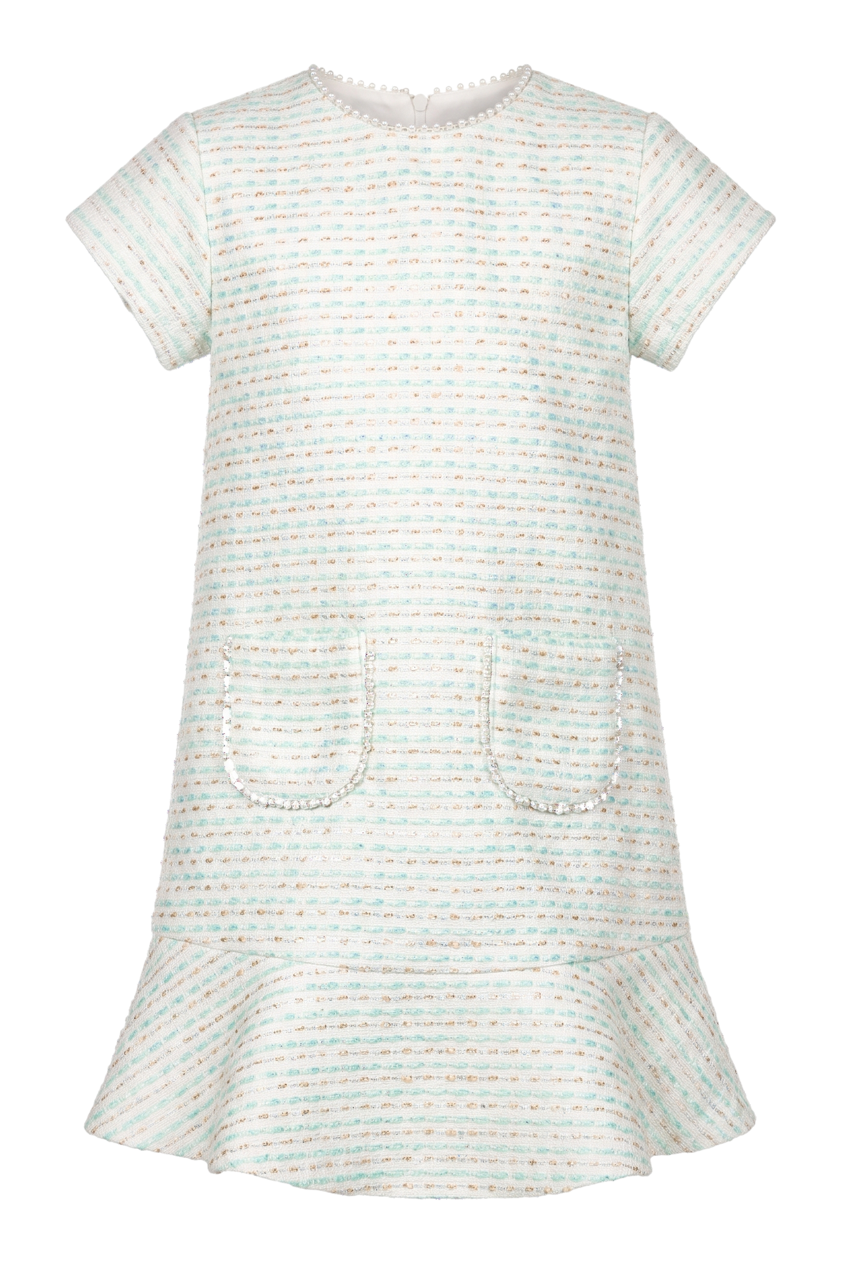 Off-white and mint tweed A-line dress with front pockets - product view