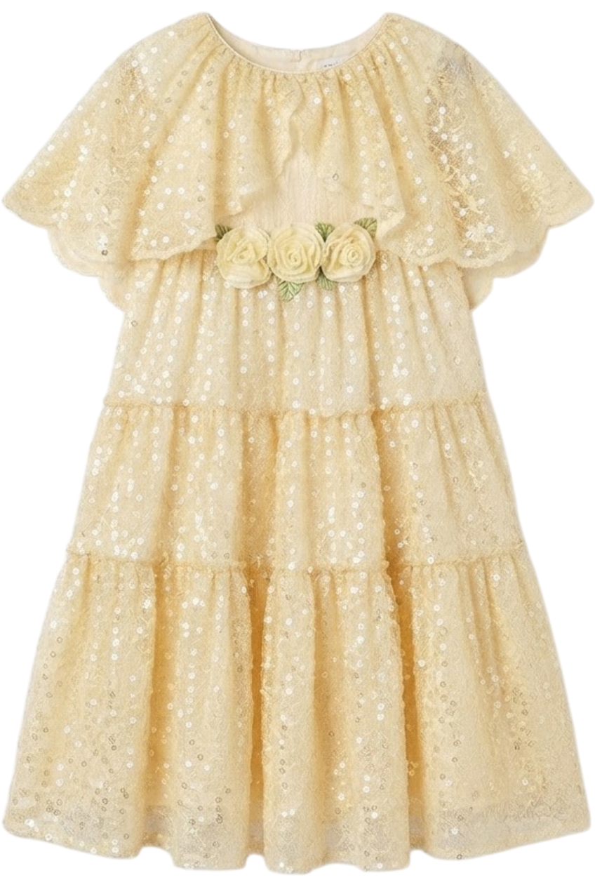 Light yellow sequin dress with flower decorations and cape sleeves - product view