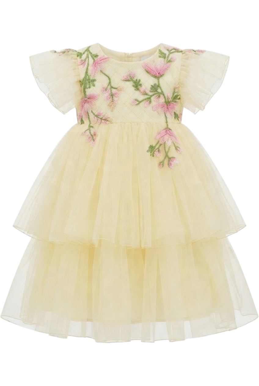 Pale yellow layered high-waist dress with hand-embroidred flowers - product view
