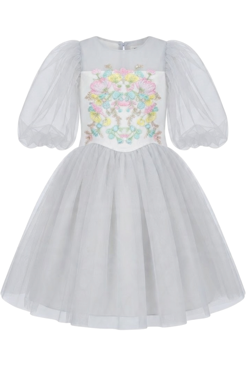 Light gray tulle dress with pastel colors floral embroidery - product view