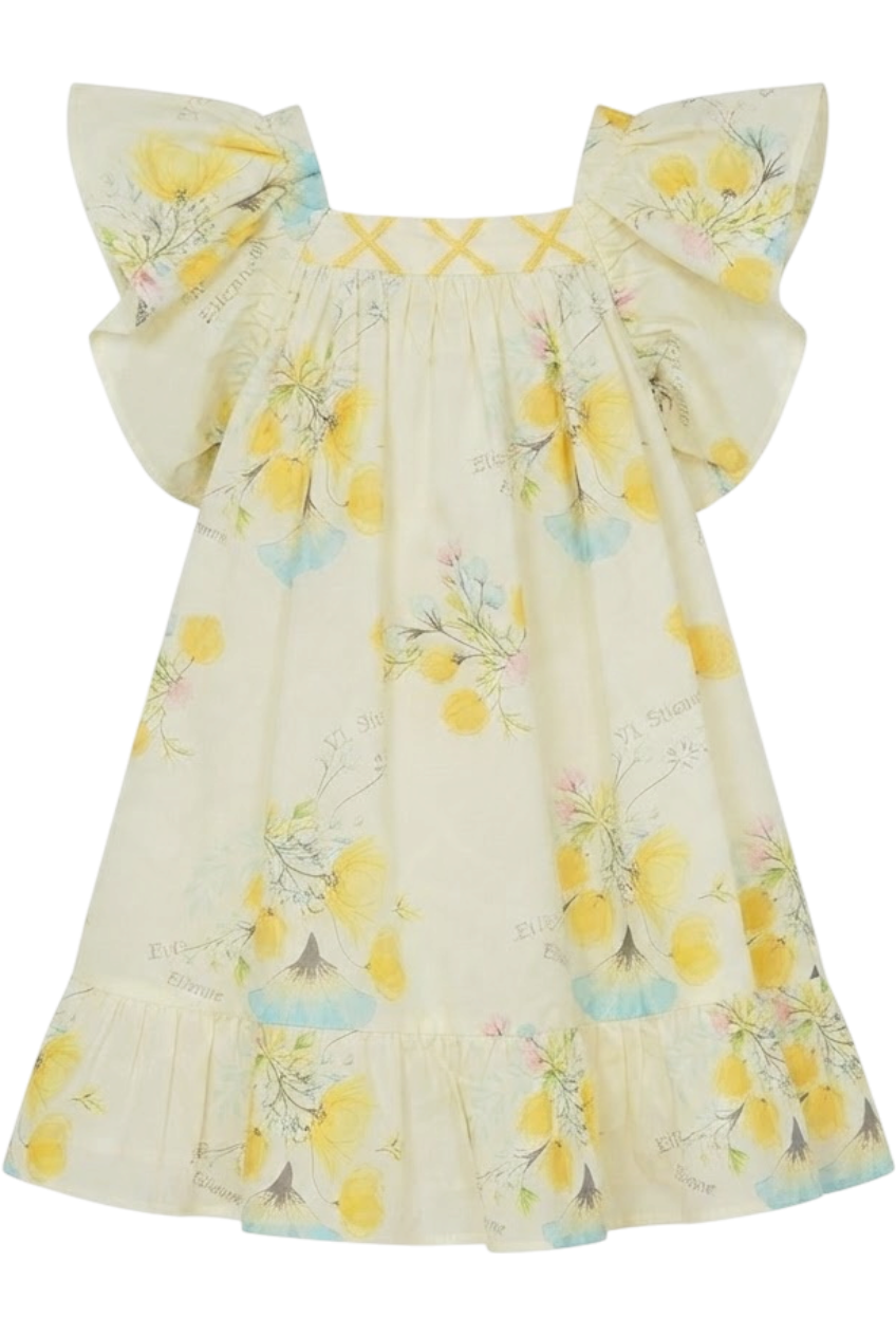 Pale yellow satin cotton floral print dress with big bow on the back - product view