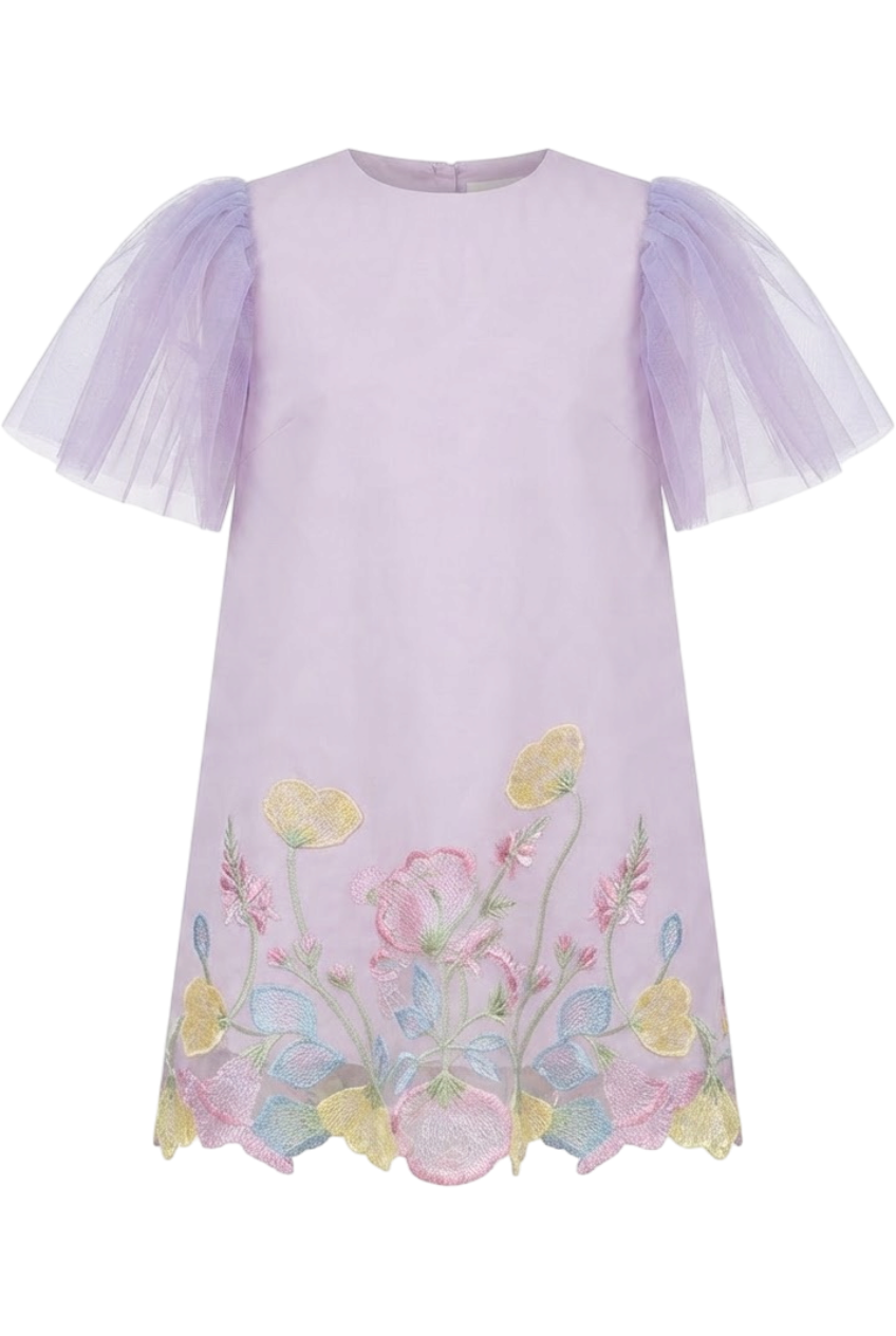 Pale lilac dress with pastel colors floral embroidery and tulle sleeves - product view