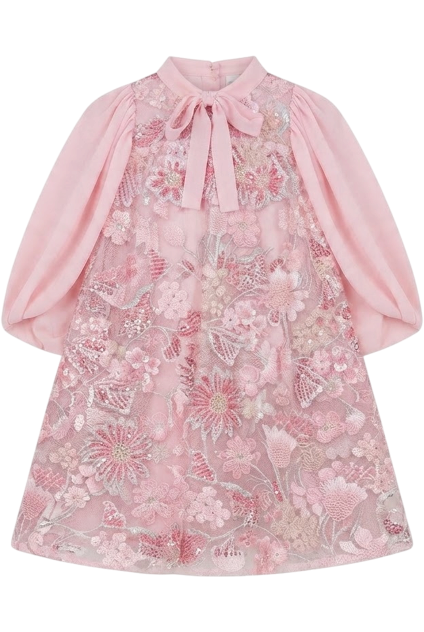 Pink sequins and beads embroidered lace dress with pink chiffon sleeves and pussy bow - product view