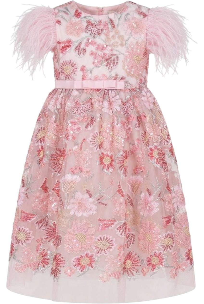 Pink sequins and beads embroidered lace dress with feather sleeves - product view