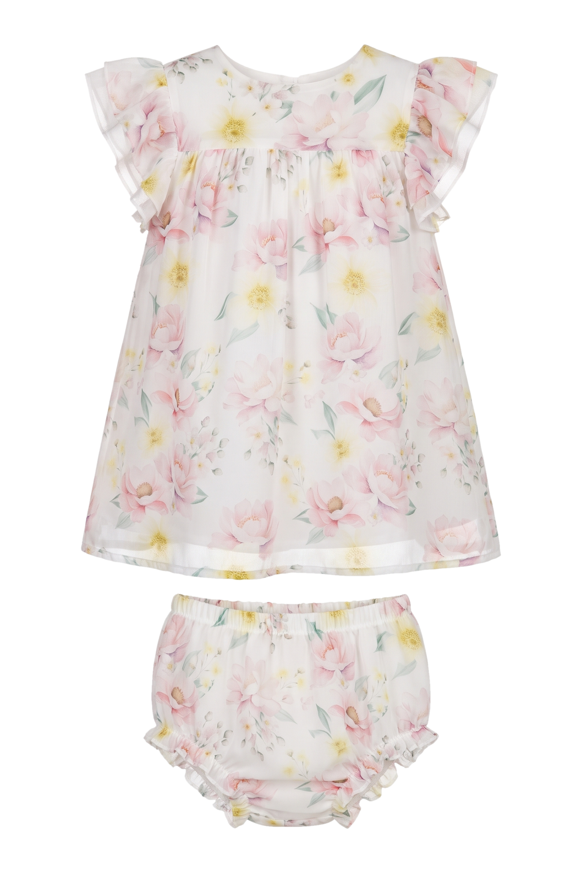 White floral chiffon baby dress with matching knickers - product view