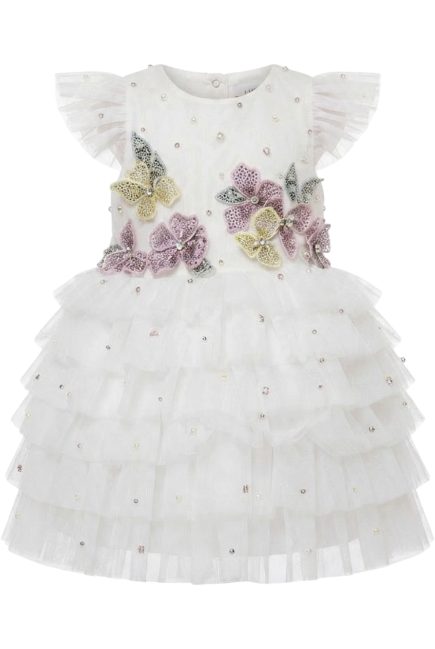 White tulle layered baby dress with hand-embellished flowers, pearls and crystals - product view