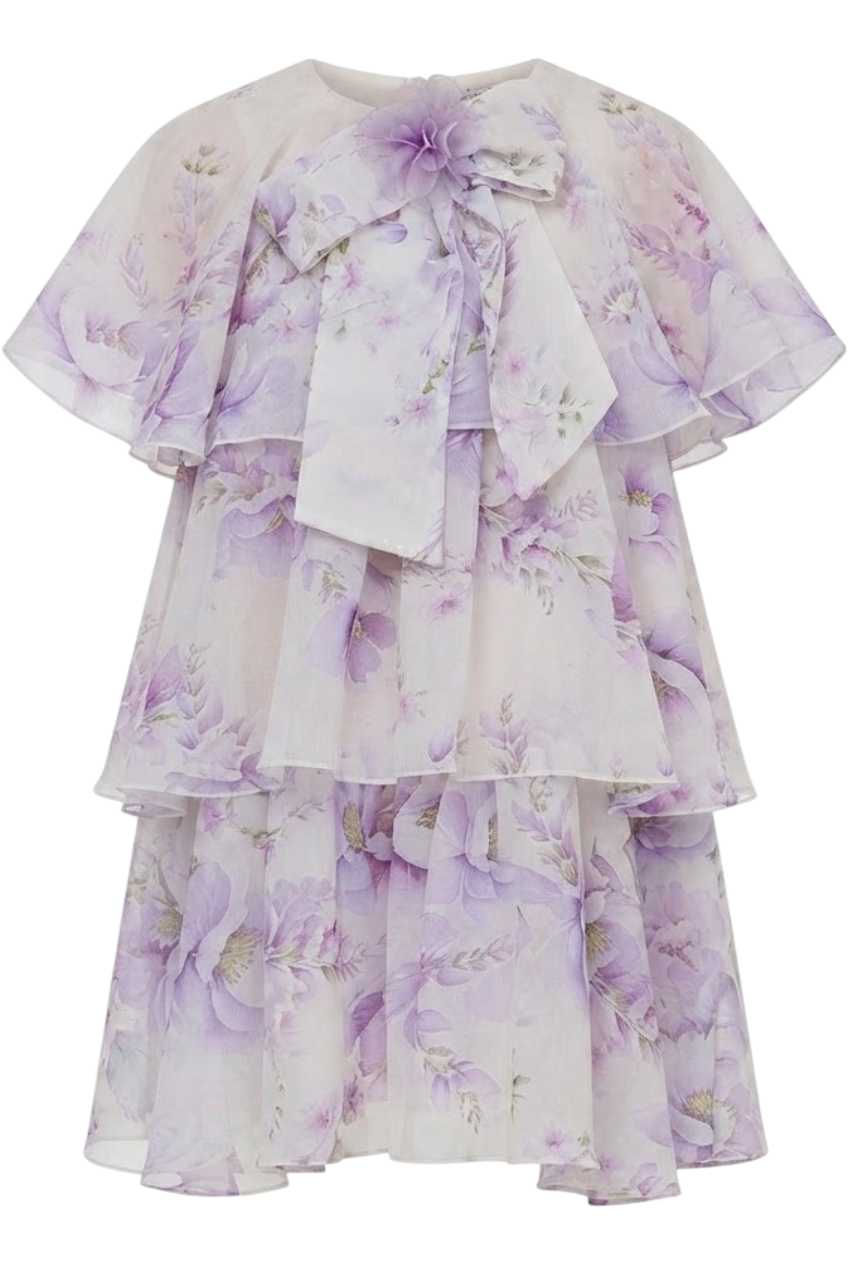White chiffon layered dress with purple flowers and pussy bow with 3D flower - product view