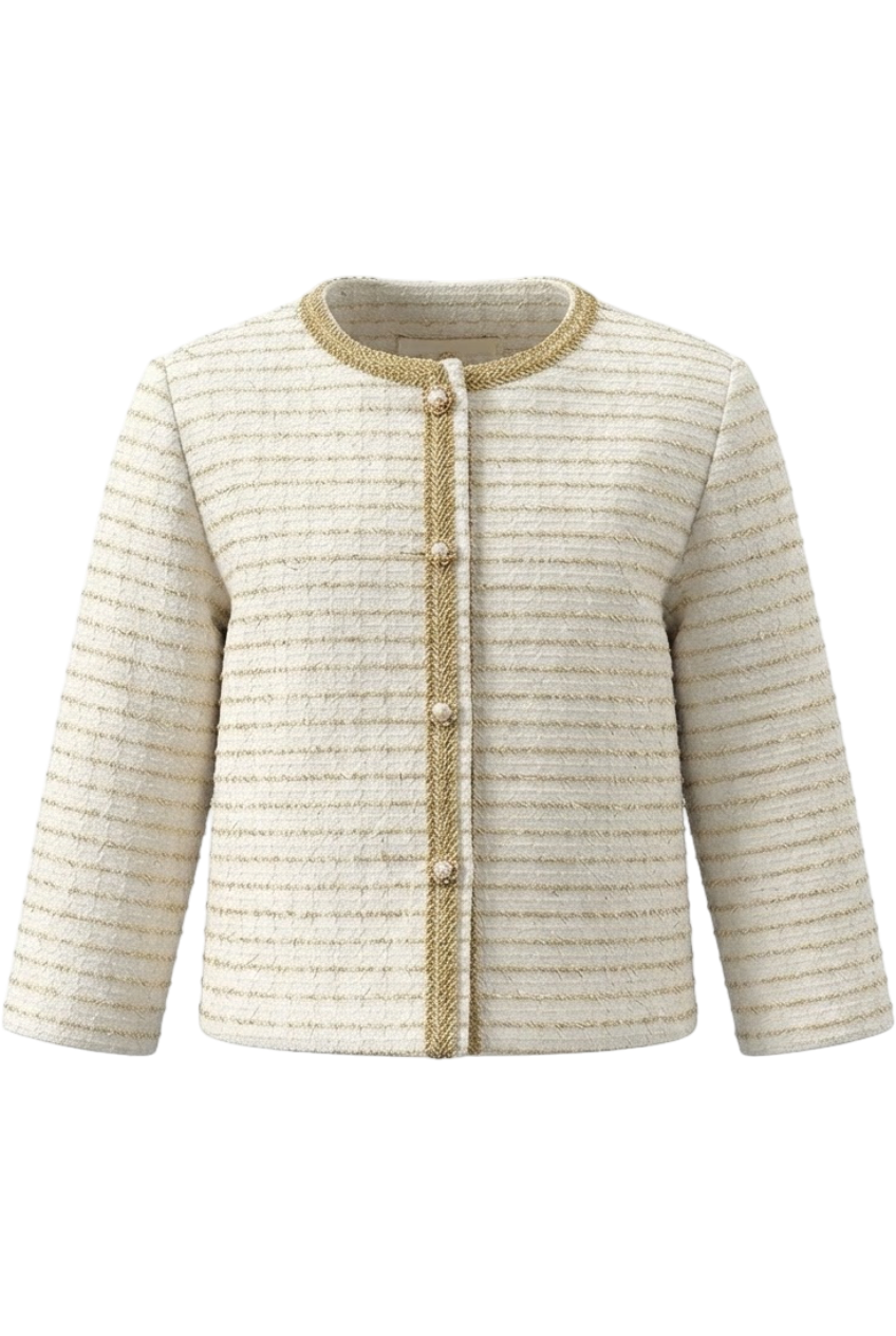 Off-white and gold tweed blazer with gold trimmings - product view