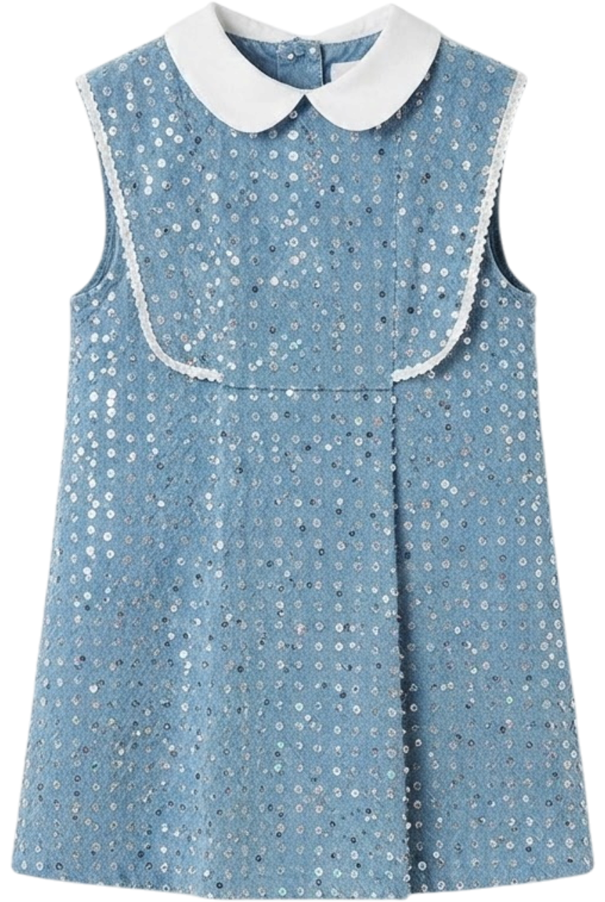 Denim dress with silver sequins and white collar - product view