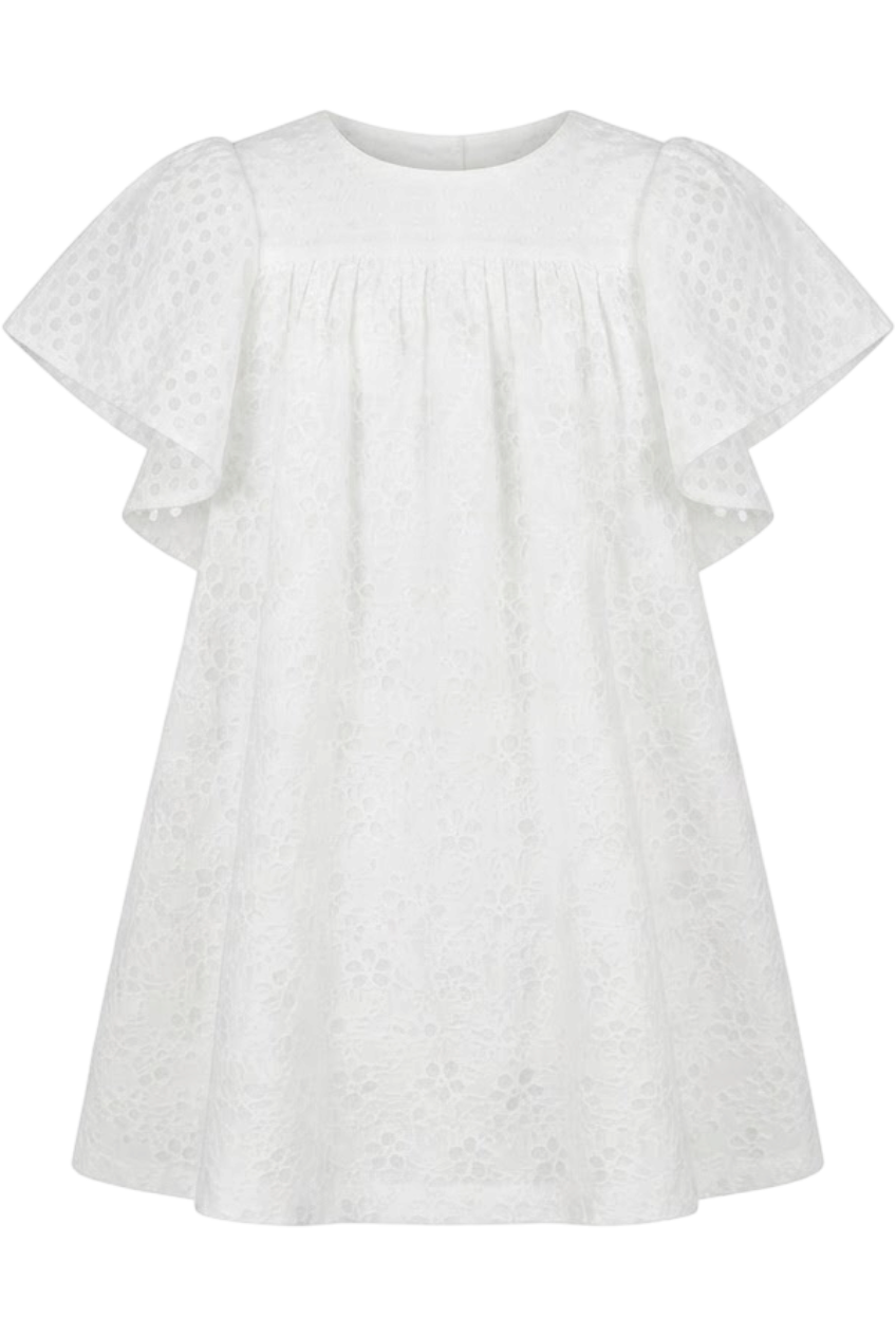 White flowy dress with dots and floral pattern with frilled sleeves - product view