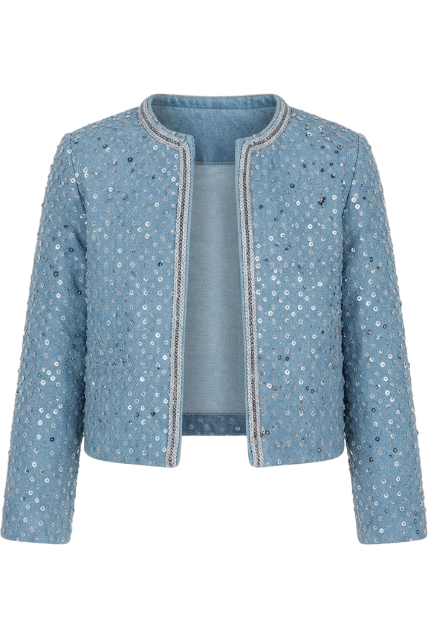 Denim blazer with silver sequins and silver trimming - product view