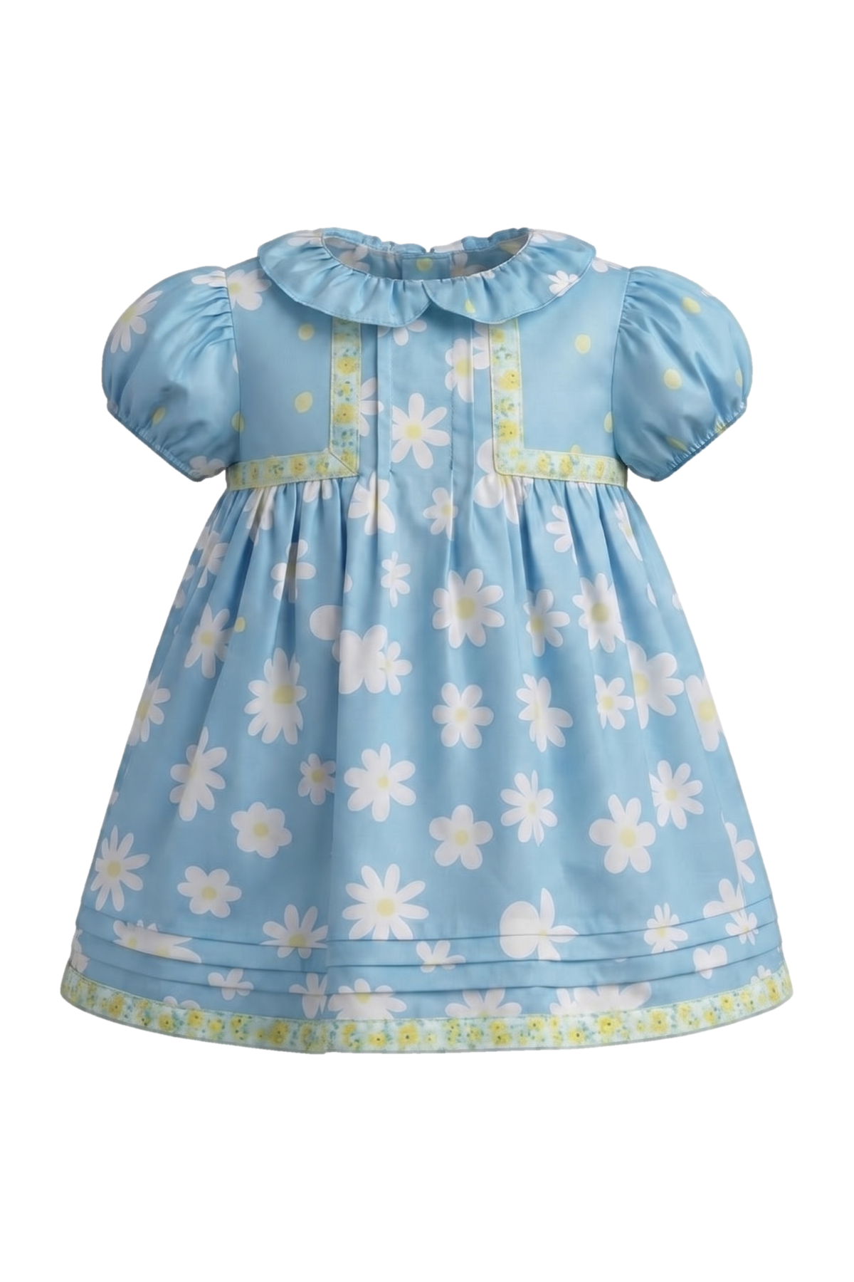 Blue satin cotton baby dress with white daisies - product view
