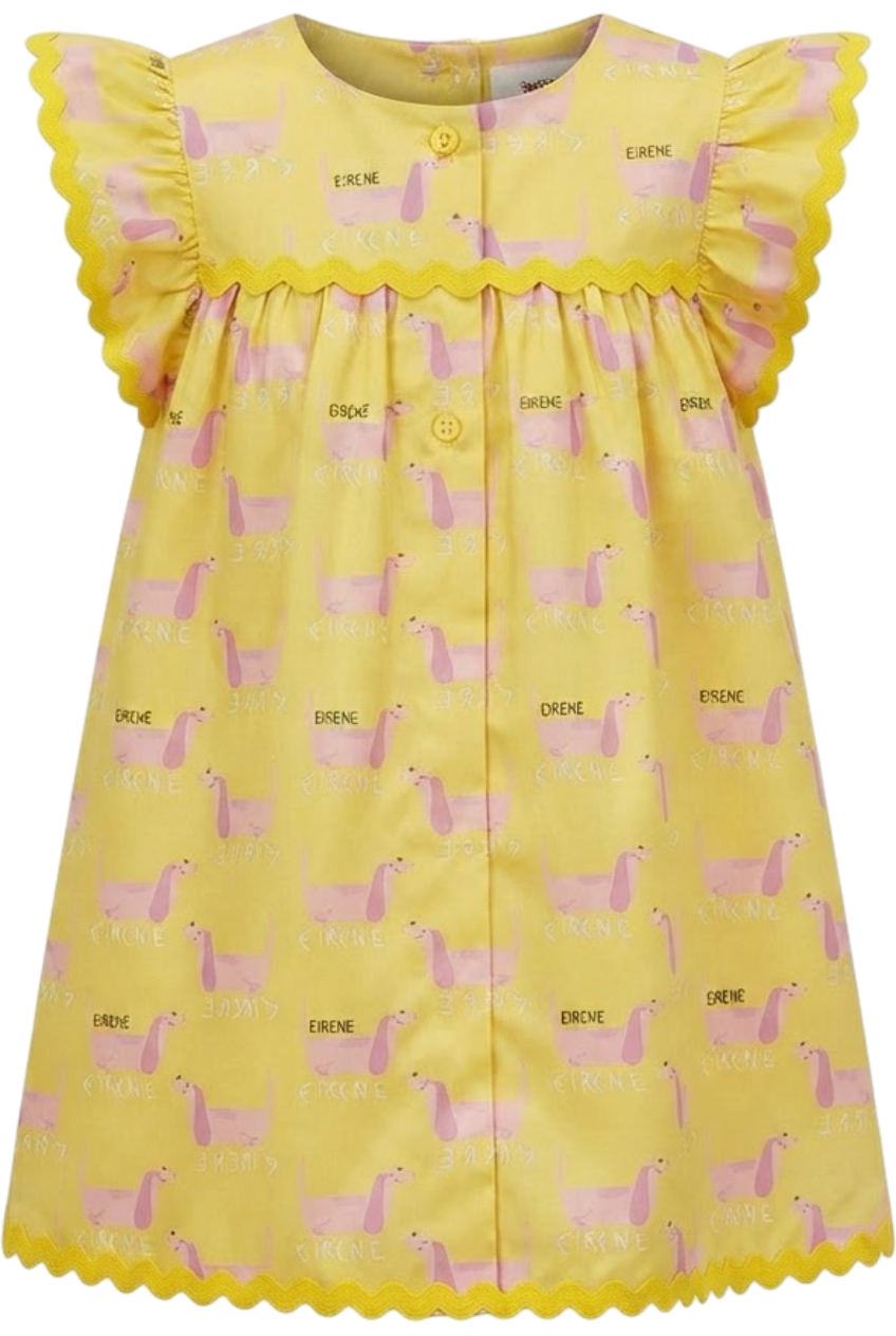 Yellow satin cotton baby dress with dachshund print - product view