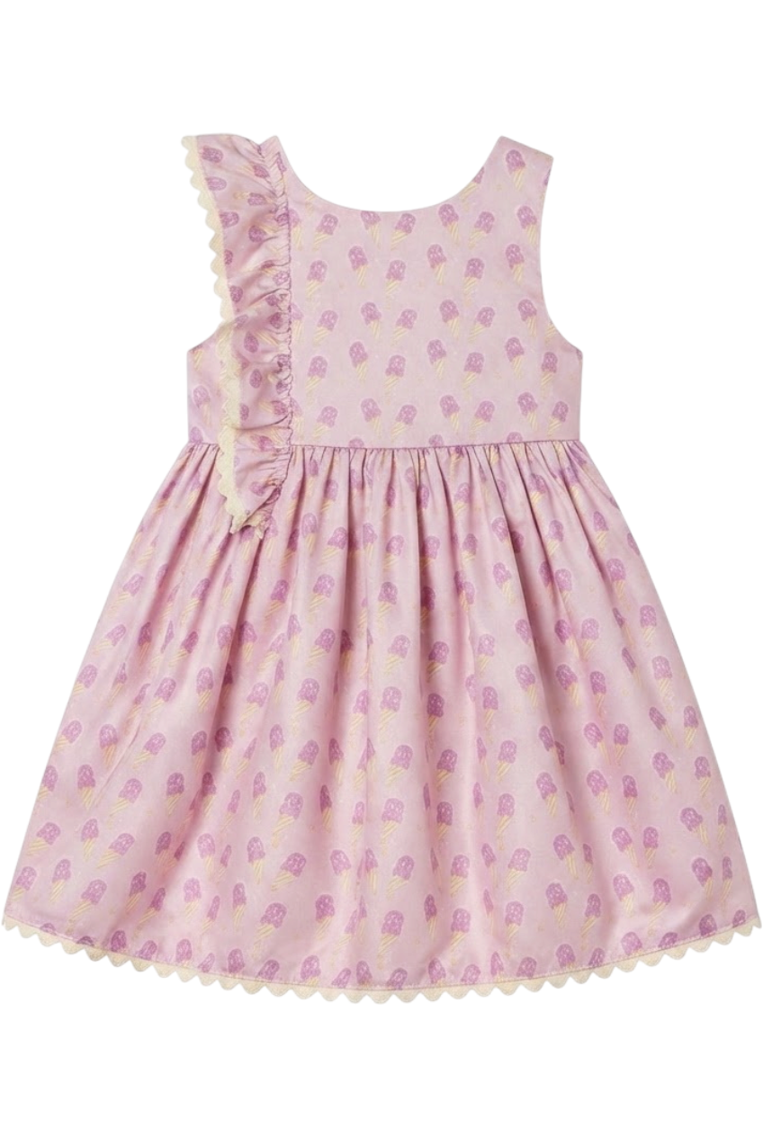 Pink satin cotton baby dress with icecream print and one shoulder frill - product view