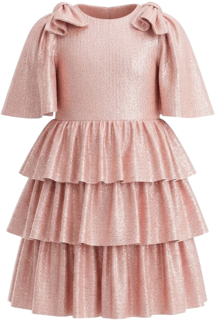 Powder pink glitter layered dress with shoulder bows - product view