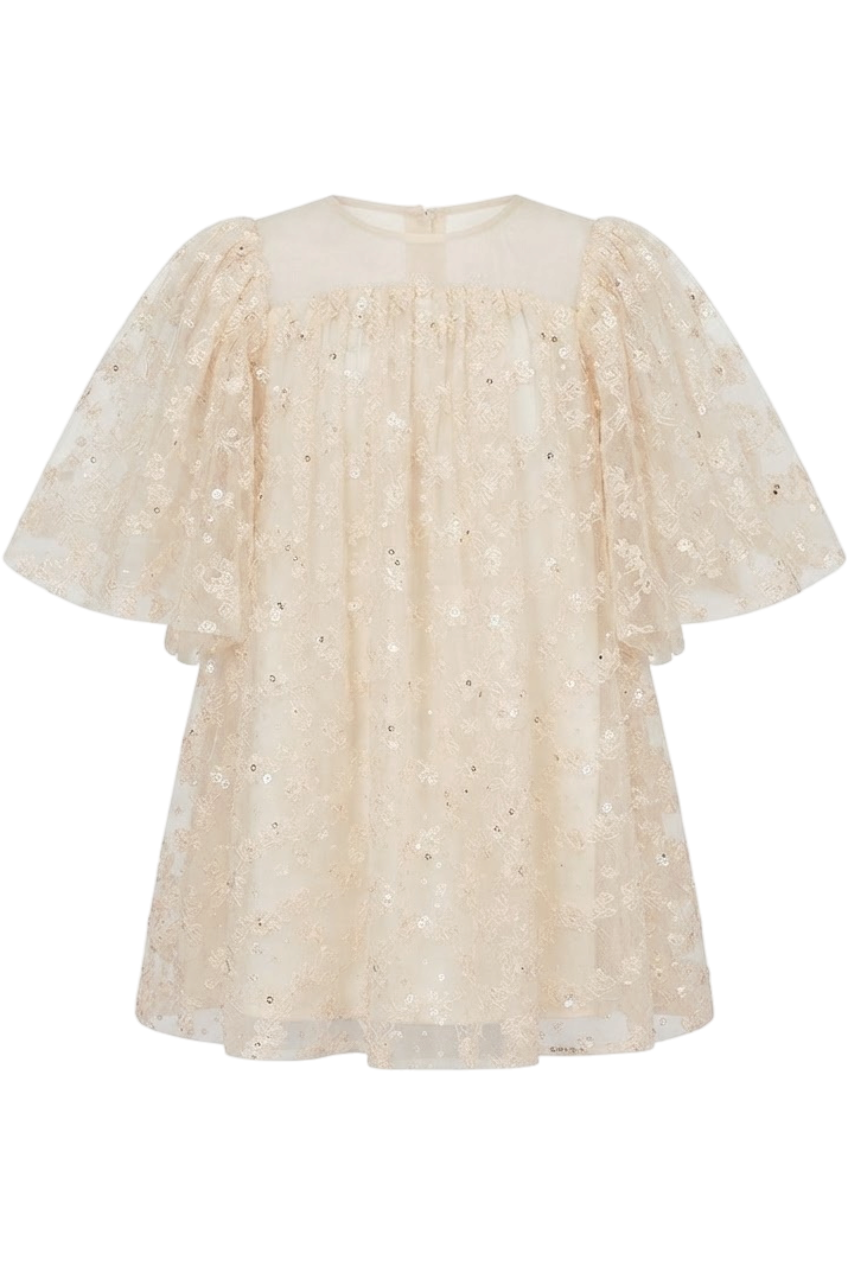 Ivory tulle loose fit dress with pretty cape sleeves - product view