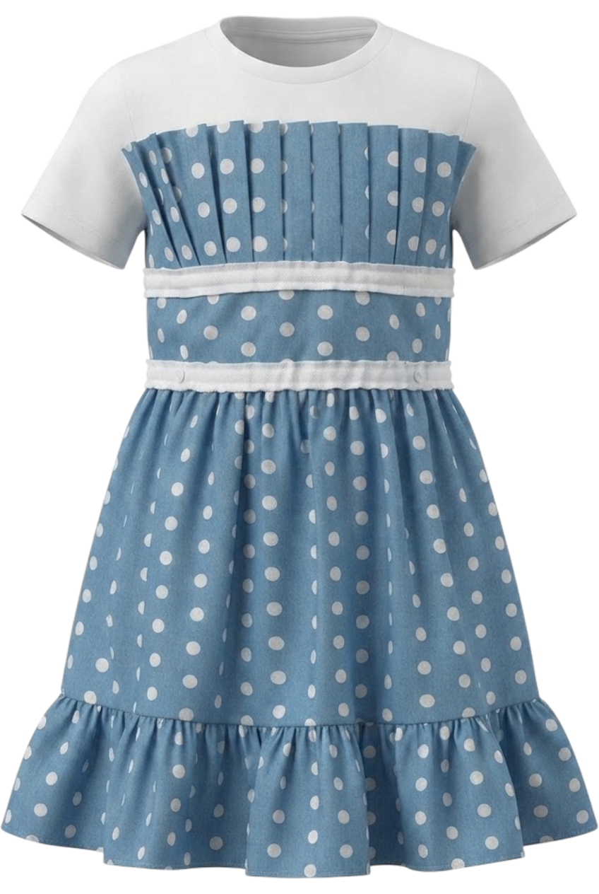 T-shirt cotton denim look dress with white dots and pretty pleated front detail - product view