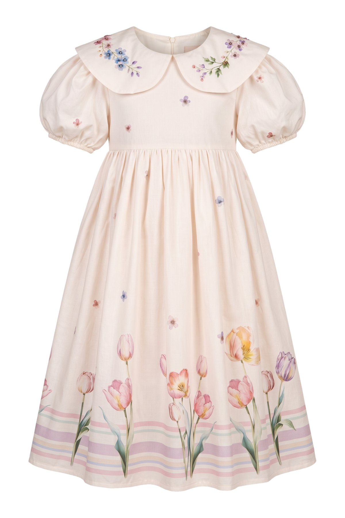 Off-white satin cotton dress with tulip print and hand-embellished collar - product view