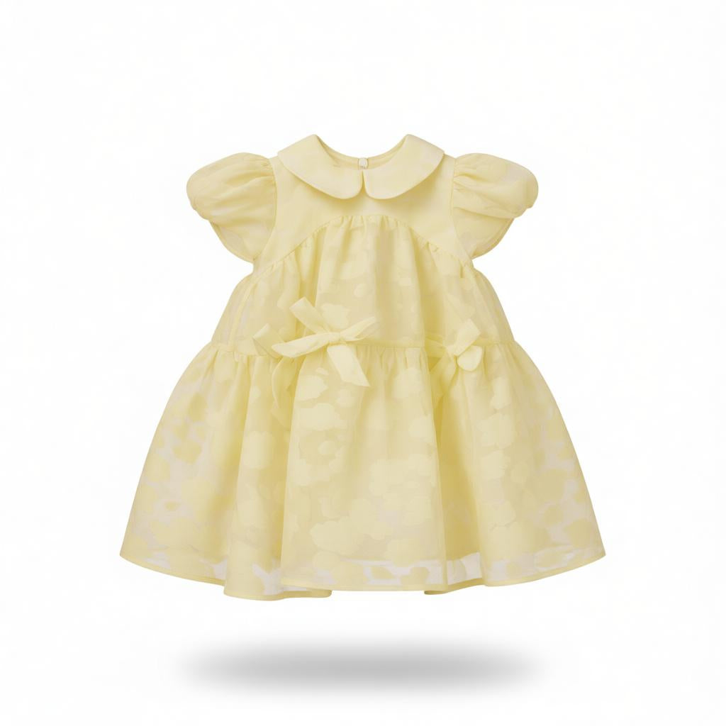 Baby organza dress with oversize bow, puff sleeves and bows