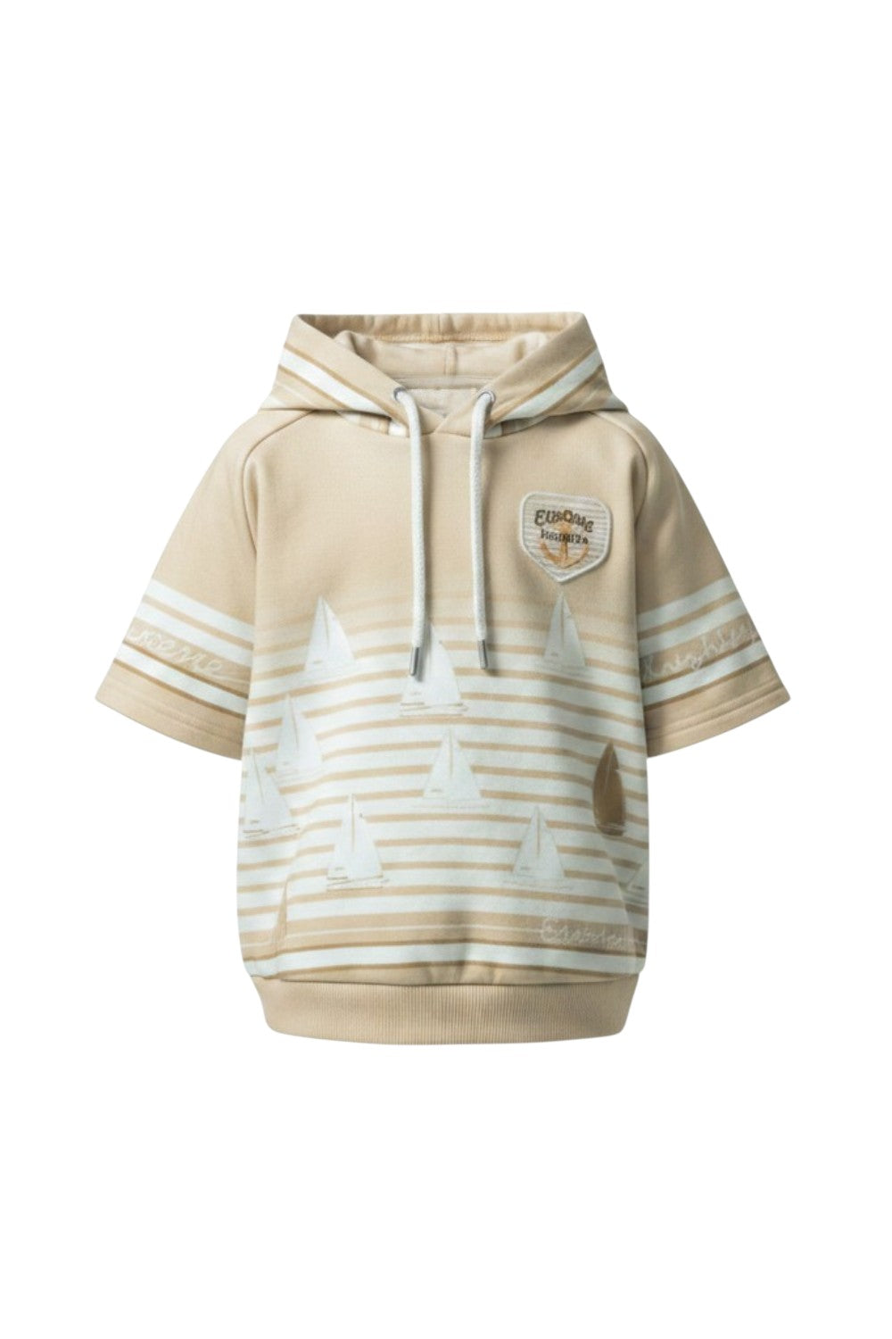 Beige short-sleeved striped hoodie with a sailboat print