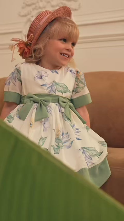 Chiffon floral baby dress with two green bow