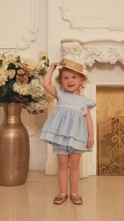 Blue cotton baby dress with matching knickers