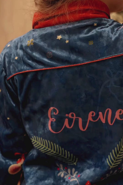 Blue velvet Christmas tracksuit with hand-embroidery