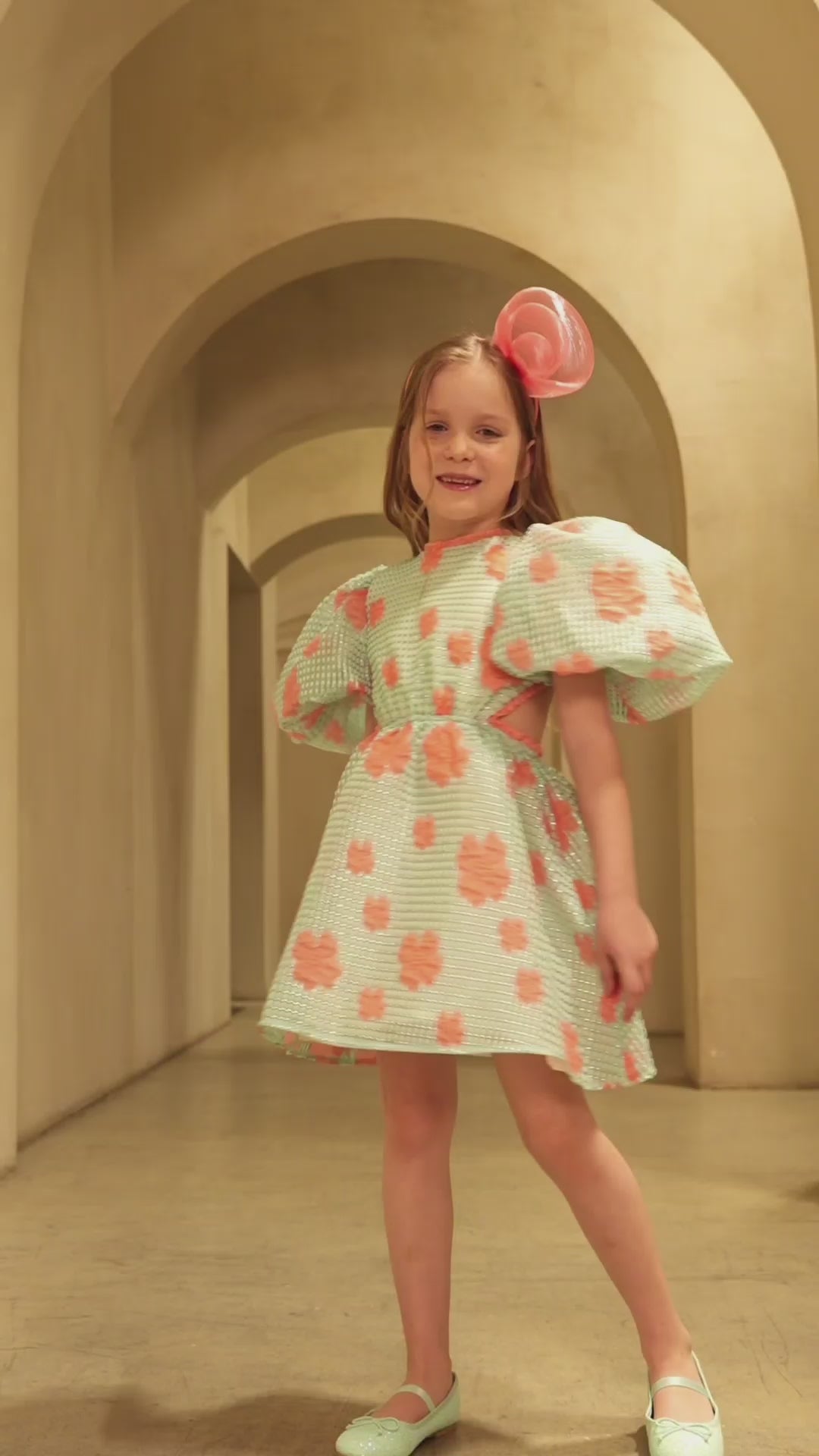 Aqua puff-sleeve jacquard organza dress with bold coral florals and a