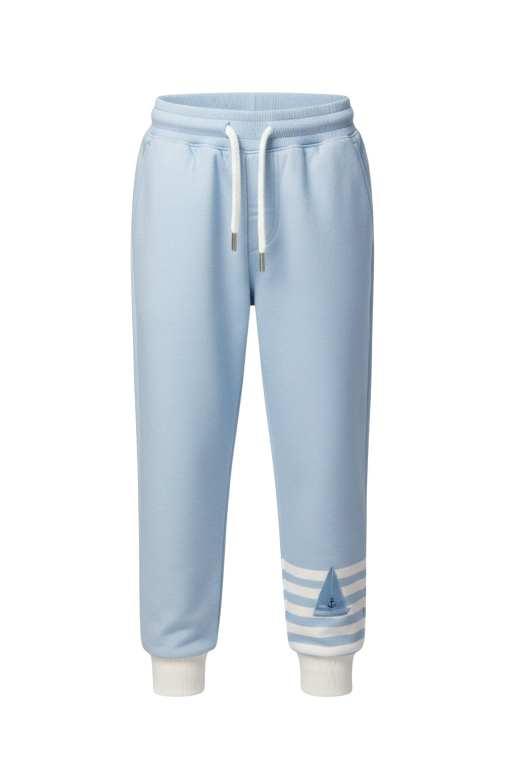 Light blue pants with white striped cuffs and a small sailboat print motif on the leg