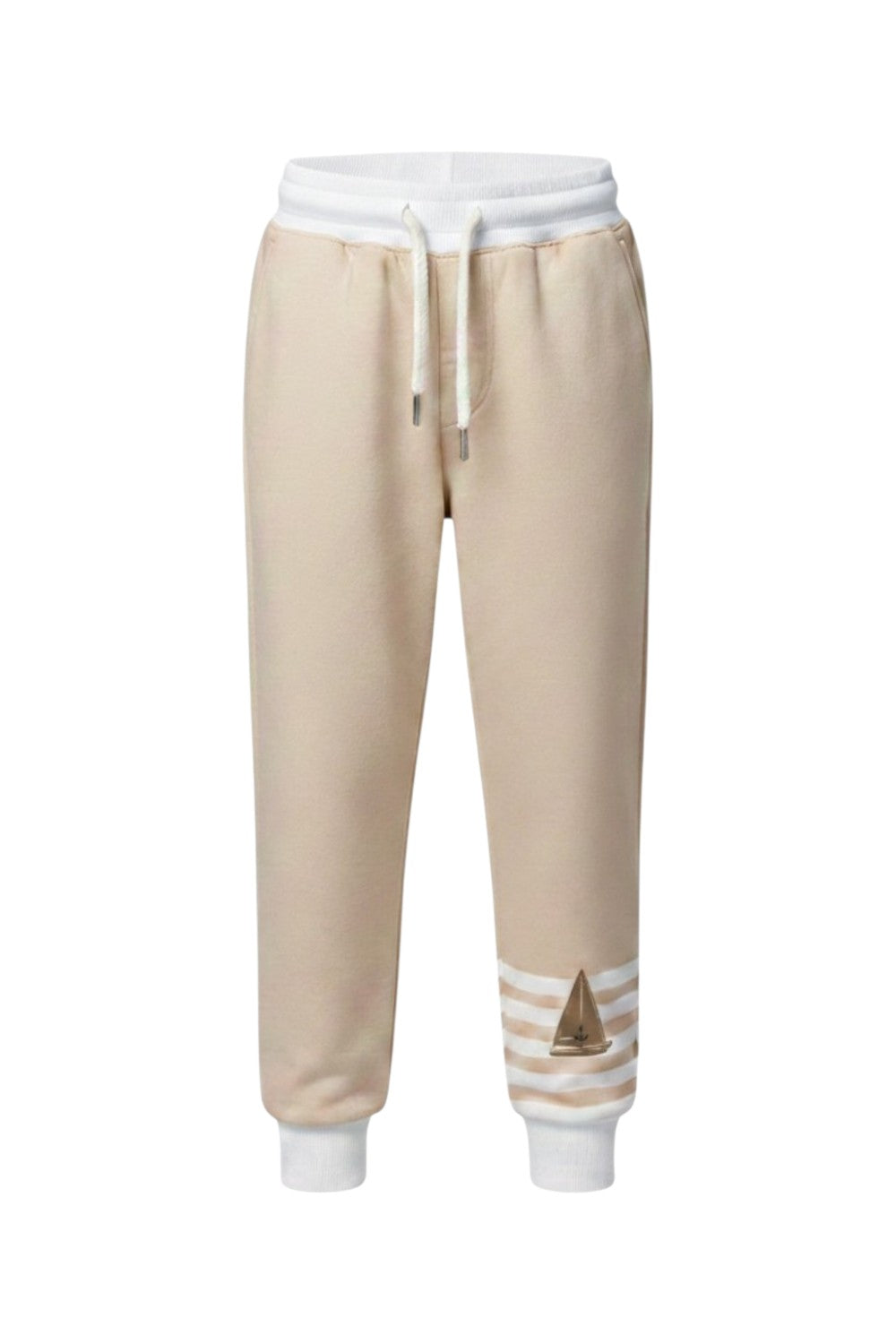 Beige pants with white striped cuffs and a small sailboat print motif on the leg