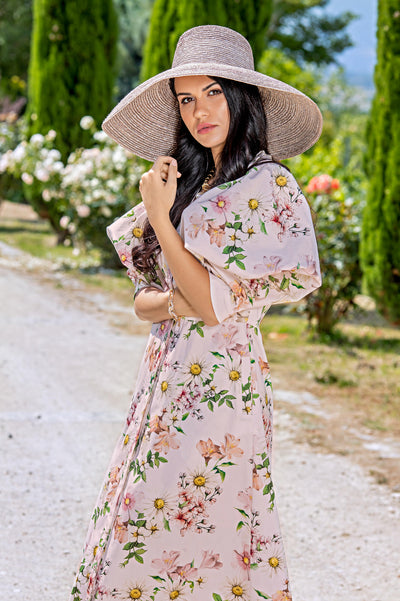 Light pink floral satin cotton dress with voluminous sleeves