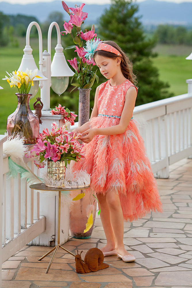 Coral featherlike dress with handmade embellishments