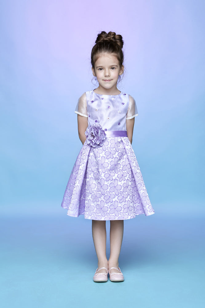 Lilac lace dress with organza upper part, sequins and Swarovski gems decoration