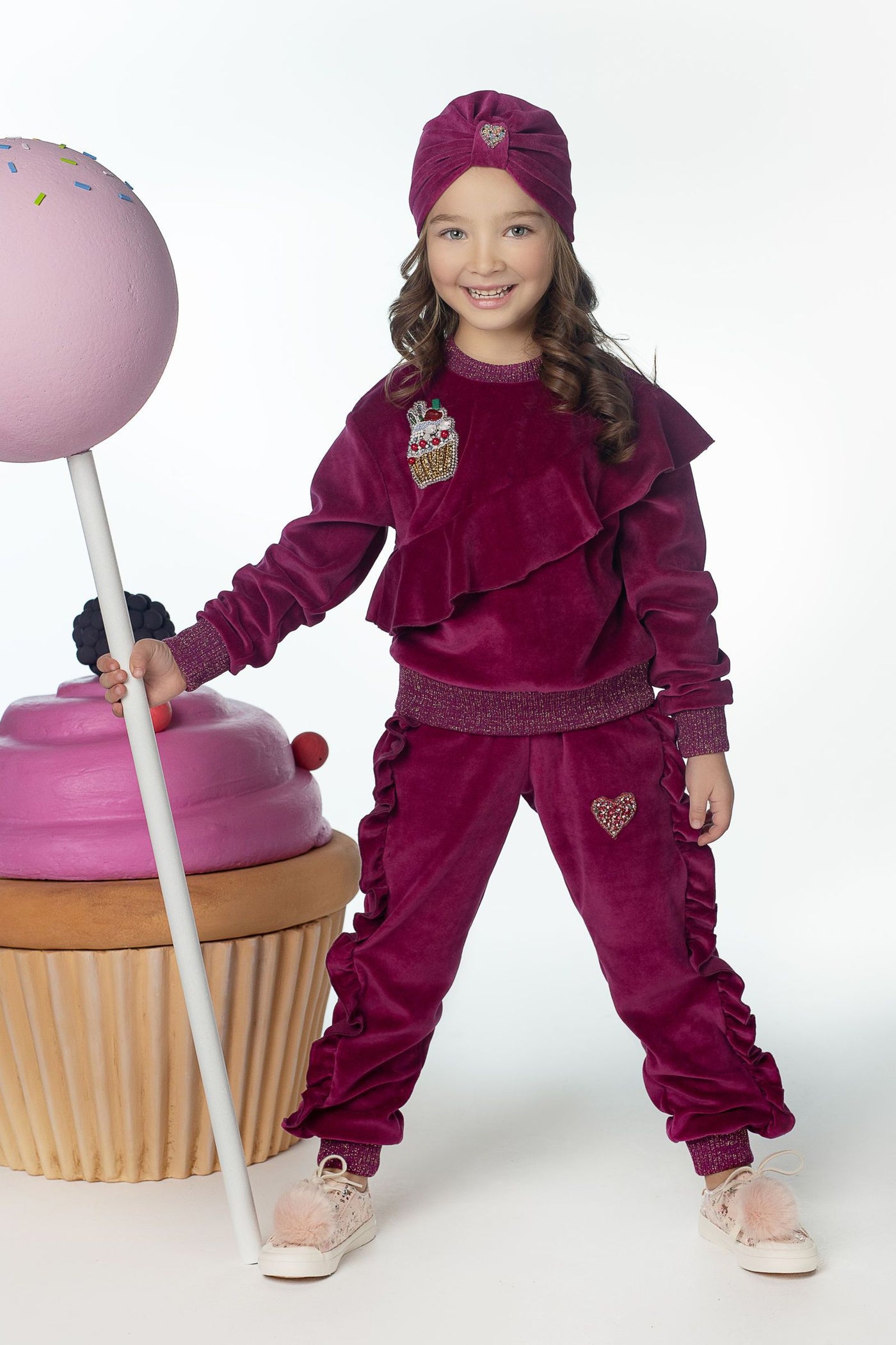 Fuchsia velvet tracksuit with hand-made cupcake and hearts embellishments