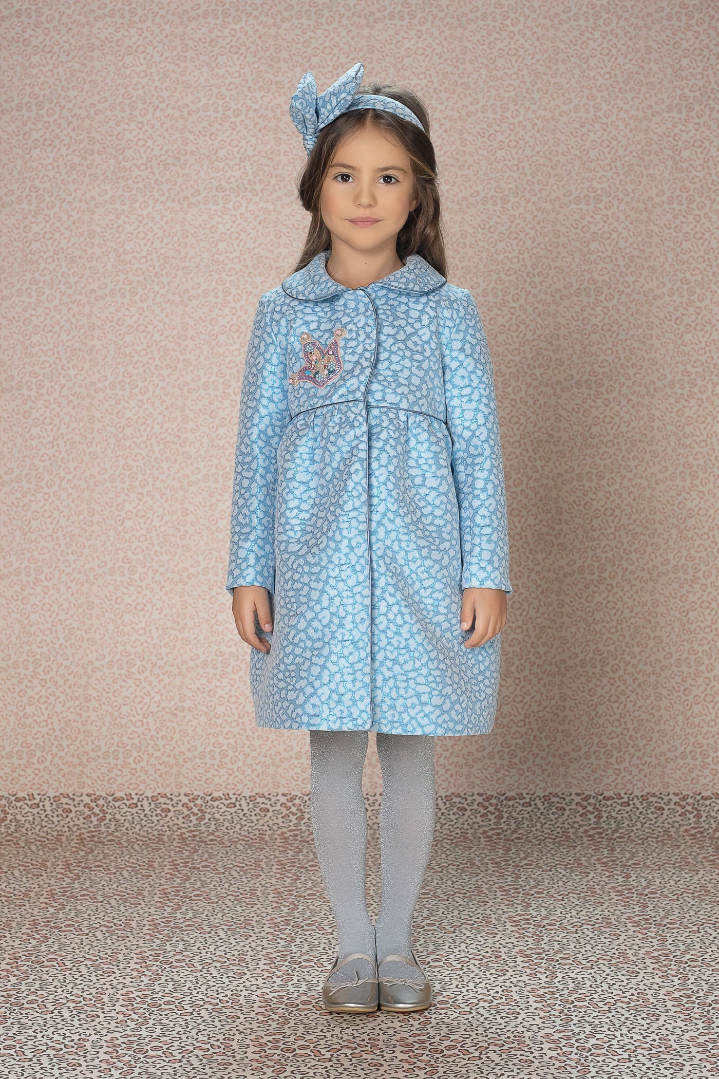 Blue animal pattern jacquard coat with hand-embellished crown