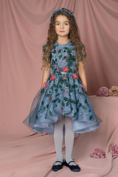 Premium Hand-embellished blue tulle dress with 3D flowers, sequins and beads