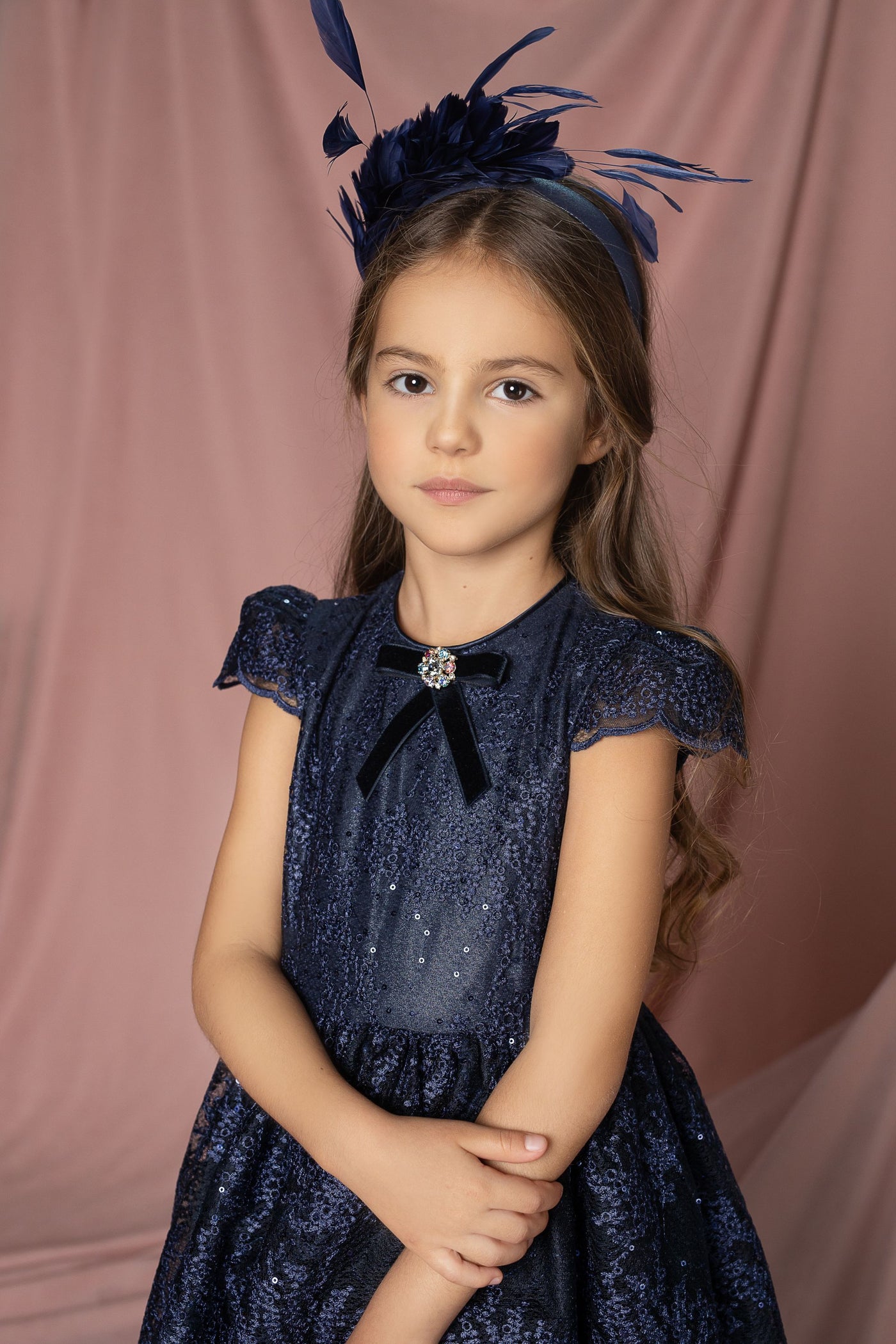 Navy blue sequin lace dress with velvet bow with Swarovski button